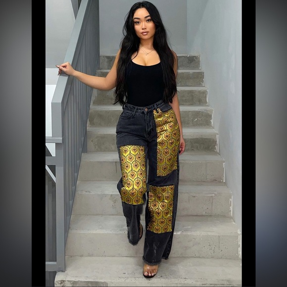 Fashion Nova Denim - Fashion Nova Floral Brocade Wide Leg Jeans Size 13 Frayed Bottom Boho